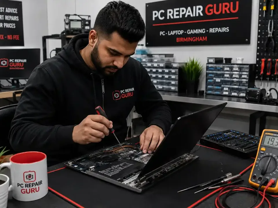 Desktop computer being checked for unusual fan, power and hardware noises at PC Repair Guru Birmingham