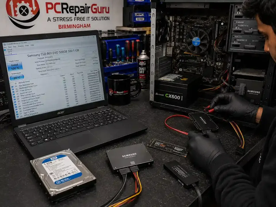 Mechanical hard drive checked for clicking and beeping faults at PC Repair Guru Birmingham