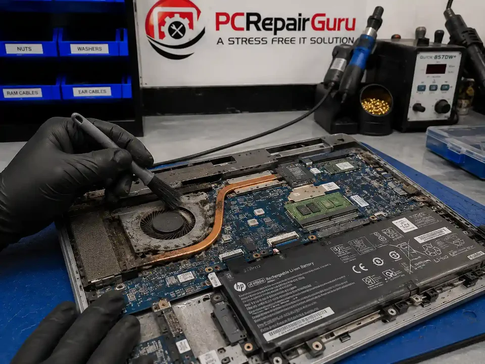 Laptop Overheating in Birmingham? Cleaning, Fan or Cooling Fault? Laptop cooling system being inspected for overheating at PC Repair Guru Birmingham