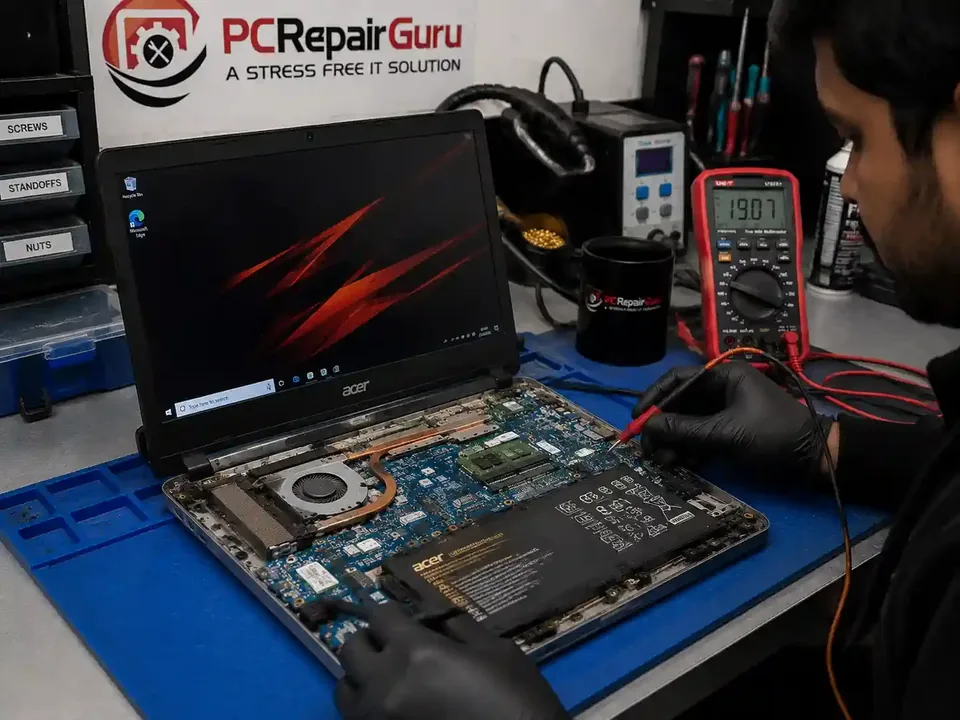 Laptop Won't Turn On? What to Check Before Paying for a Repair Laptop being diagnosed for a no-power fault at PC Repair Guru Birmingham