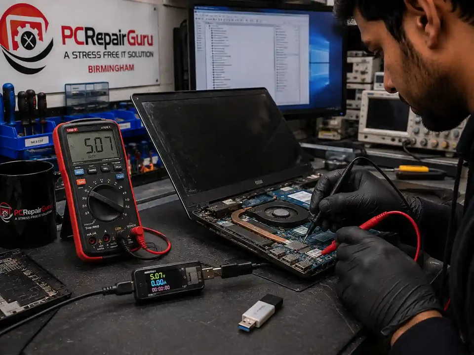Laptop USB port being tested for power and hardware faults at PC Repair Guru Birmingham