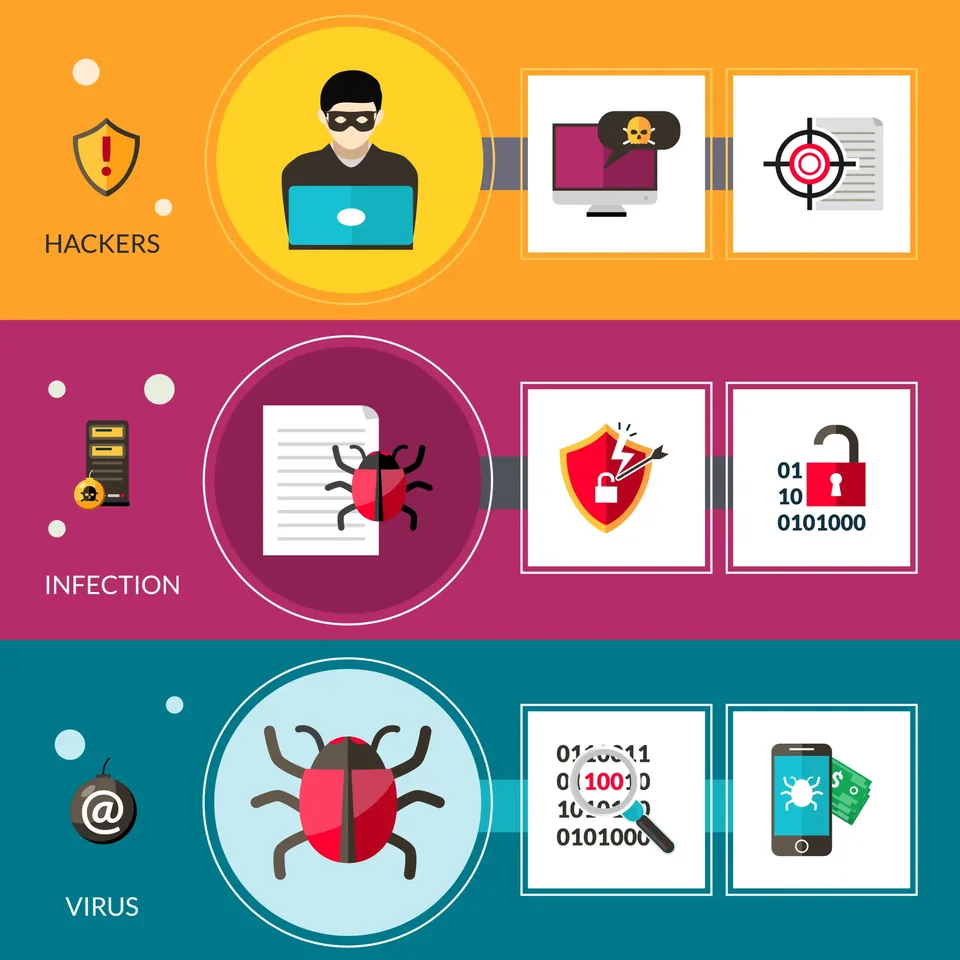 Illustration showing computer malware, hacking and virus threats